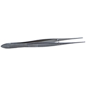 Straight Tissue Forceps, Serrated Handle With Polished Finish, Straight Shafts, 1 X 2 Delicate Teeth, And Overall Length Of 4" (100mm) 